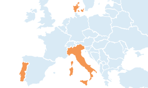 Cartina d'Europa con evidenziati in arancione i paesi partner del progetto ELEVATE, Italia, Danimarca, Portogallo